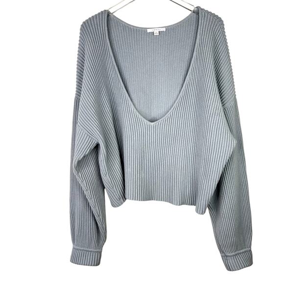 Lunya Cozy Cotton Silk Ribbed Pullover Sweater Reversible V-Neck Chilled Blue XL - Picture 1 of 5